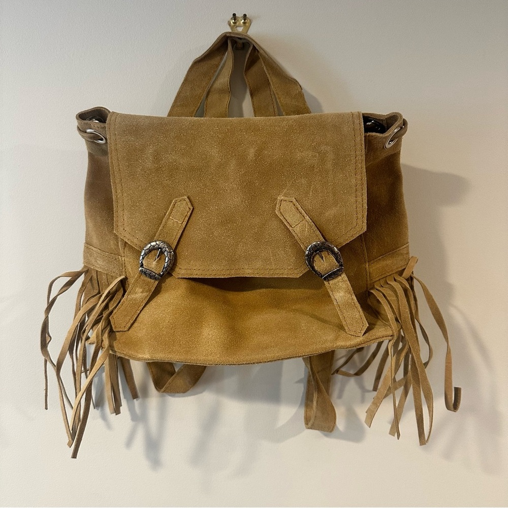 Sabrina Tach Tan Suede Fringe Backpack Western Buckle Boho Leather Bag